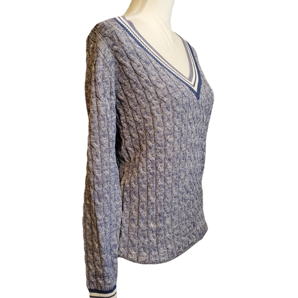 EUC Brora Varsity Stripe V-Neck Metallic Thread Sweater - Picture 4 of 10